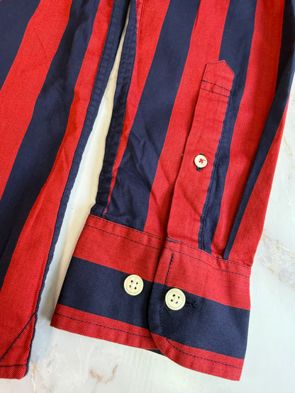 【TOMMY HILFIGER】トミーヒルフィガー スリムフィット 長袖シャツ レッド×ネイビー ストライプ メンズ Mサイズ