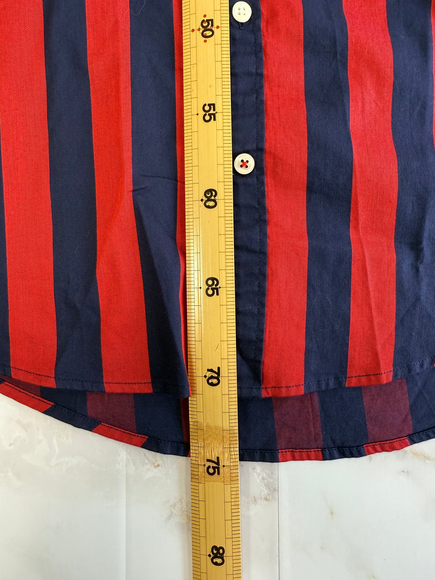 【TOMMY HILFIGER】トミーヒルフィガー スリムフィット 長袖シャツ レッド×ネイビー ストライプ メンズ Mサイズ