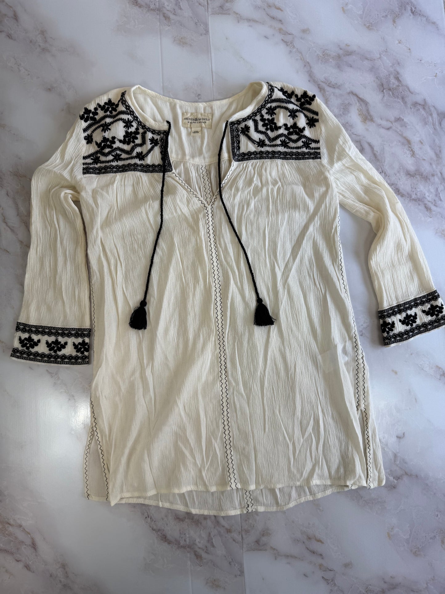 【DENIM & SUPPLY RALPH LAUREN】デニム＆サプライ 刺繍 タッセル チュニック 七分袖 クリンクルガーゼ 綿×レーヨン レディース XXS インド製