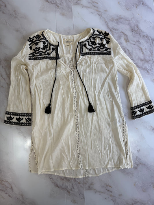 【DENIM & SUPPLY RALPH LAUREN】デニム＆サプライ 刺繍 タッセル チュニック 七分袖 クリンクルガーゼ 綿×レーヨン レディース XXS インド製