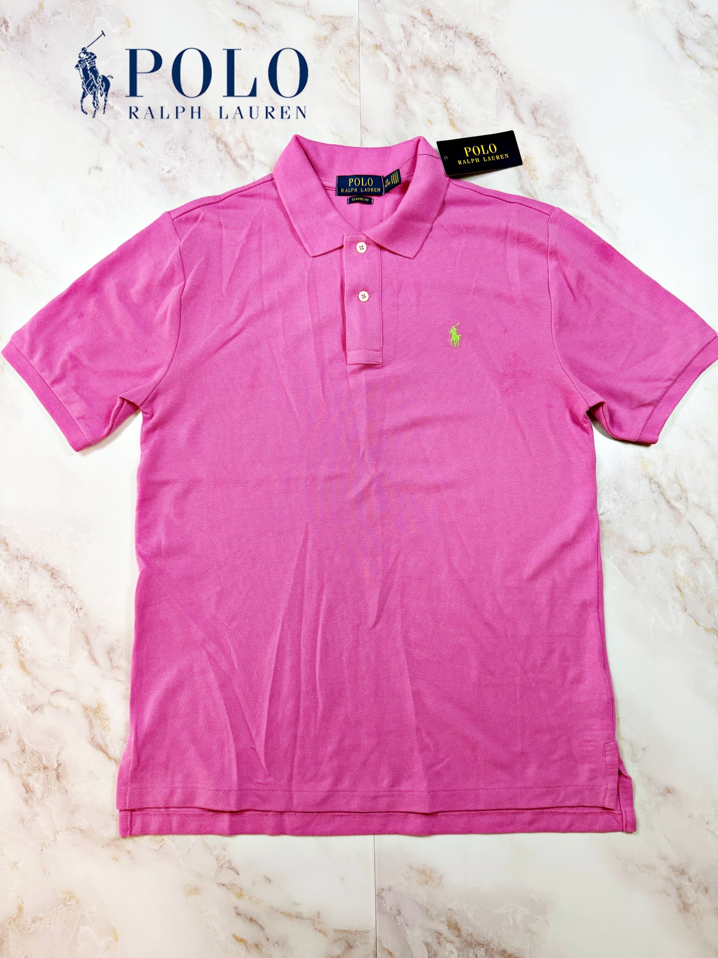 【POLO RALPH LAUREN】クラシックフィット ポロシャツ ピンク × グリーンポニー刺繍 メンズL 鹿の子 半袖 カジュアル 定番