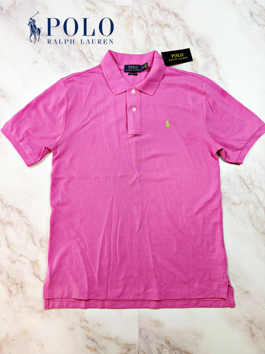 【POLO RALPH LAUREN】クラシックフィット ポロシャツ ピンク × グリーンポニー刺繍 メンズL 鹿の子 半袖 カジュアル 定番