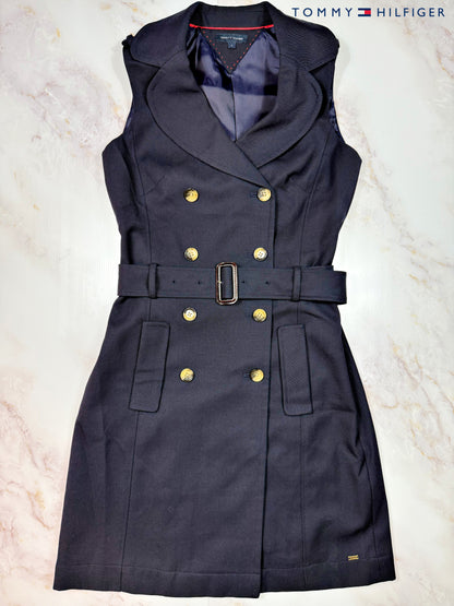 TOMMY HILFIGER｜トミーヒルフィガー ノースリーブ ワンピース ネイビー ベルト付き ダブルボタン レディース サイズ4
