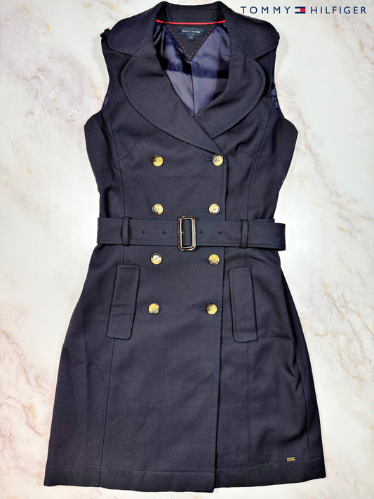 TOMMY HILFIGER｜トミーヒルフィガー ノースリーブ ワンピース ネイビー ベルト付き ダブルボタン レディース サイズ4