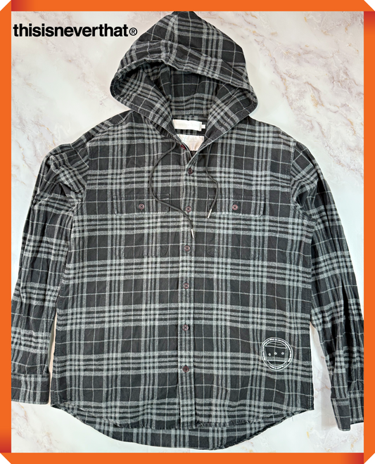 thisisneverthat フード付きチェックシャツ M ブラック コットン100% 韓国製 バックプリント ストリート