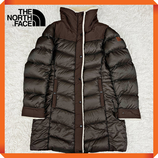 THE NORTH FACE（ザ・ノース・フェイス）レザーロゴ付き ダウンジャケット ハーフコート ブラウン レディースXL 95 #24