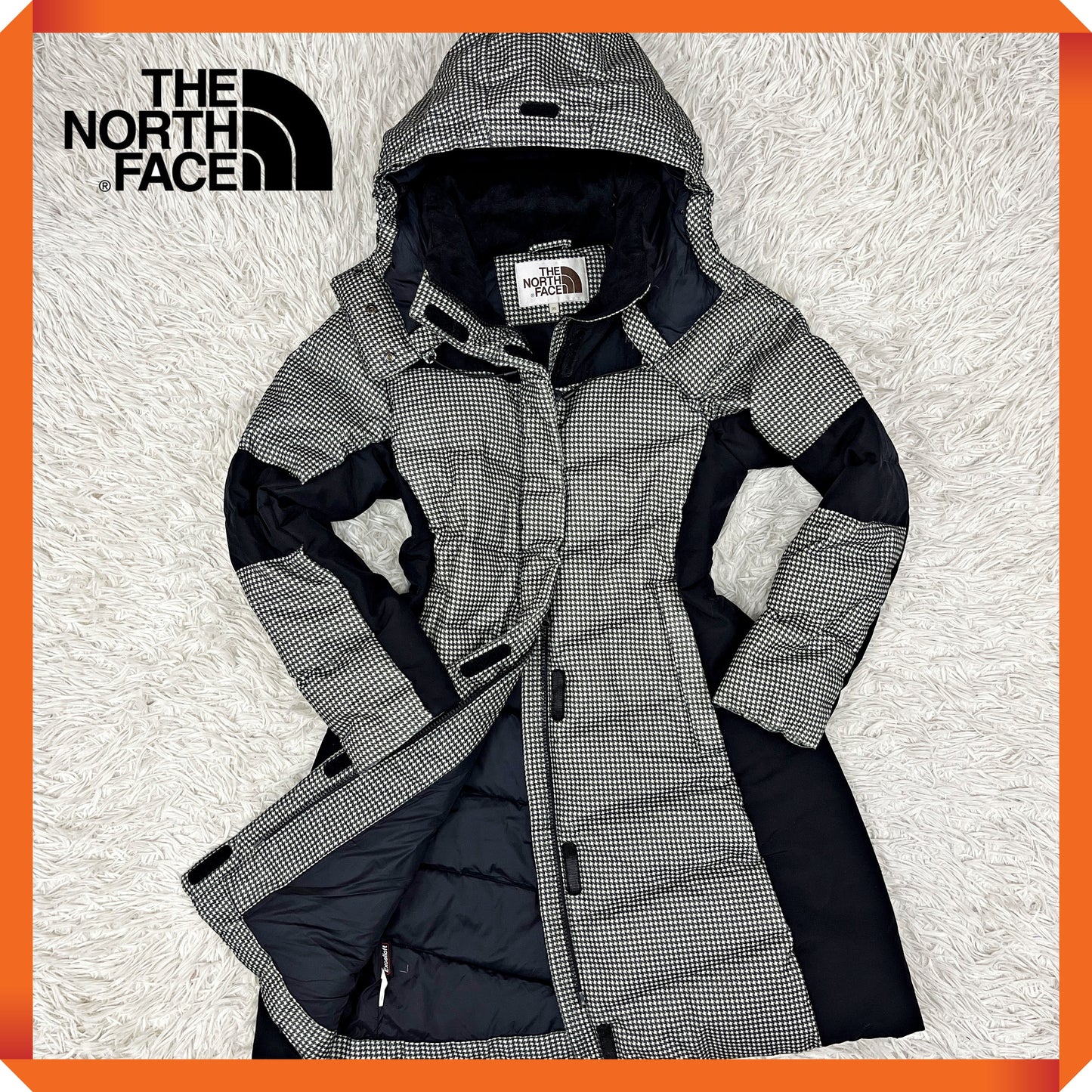 THE NORTH FACE（ザ・ノース・フェイス）千鳥格子柄 ダウンジャケット フード取外し可 レディースL 95 ブラック×ホワイト #25