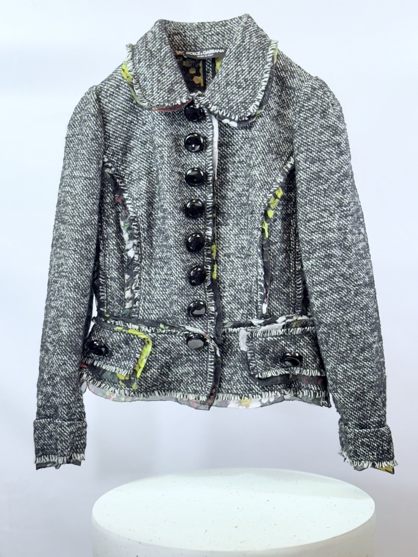【DOLCE&GABBANA】逸品！ツイードジャケット 花柄裏地 ブラック系 44 - 華やかさと上品さの融合