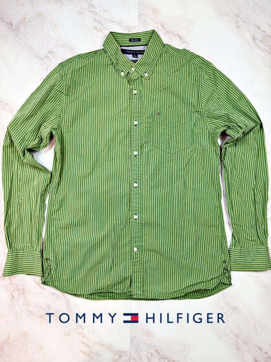 【TOMMY HILFIGER】トミーヒルフィガー グリーンストライプ シャツ メンズ M カスタムフィット 長袖 ボタンダウン コットン100%