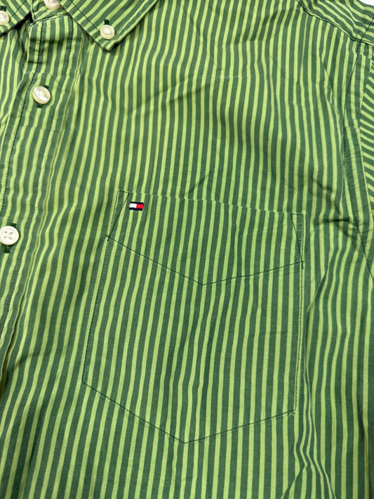 【TOMMY HILFIGER】トミーヒルフィガー グリーンストライプ シャツ メンズ M カスタムフィット 長袖 ボタンダウン コットン100%