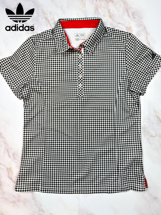 【adidas アディダス】ポロシャツ 半袖シャツ ギンガムチェック柄 ブラック×ホワイト メンズ 100サイズ ポリエステル100%