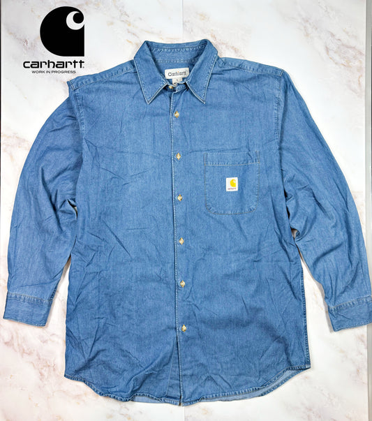 【Carhartt/カーハート】デニム 長袖シャツ Lサイズ メンズ ワークシャツ 100%コットン 胸ポケットロゴ付き