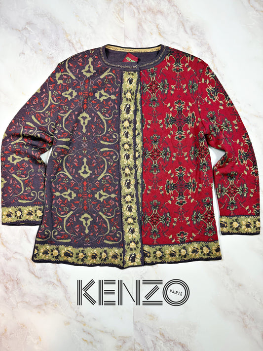 KENZO PARIS ケンゾー パリ 総柄 ニットカーディガン XLサイズ ウール混 アートデザイン ジャケット風カーデ