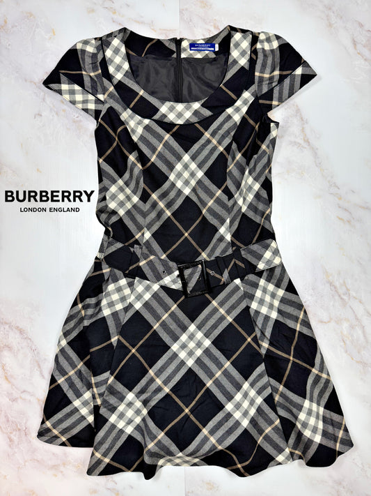 BURBERRY BLUE LABEL チェック柄 ウールワンピース ベルト付き レディース 38 日本製