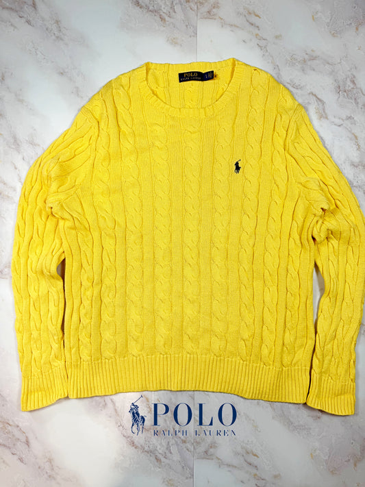【POLO RALPH LAUREN】ケーブルニット セーター イエロー コットン100% メンズL 大人気ポロラルフローレン