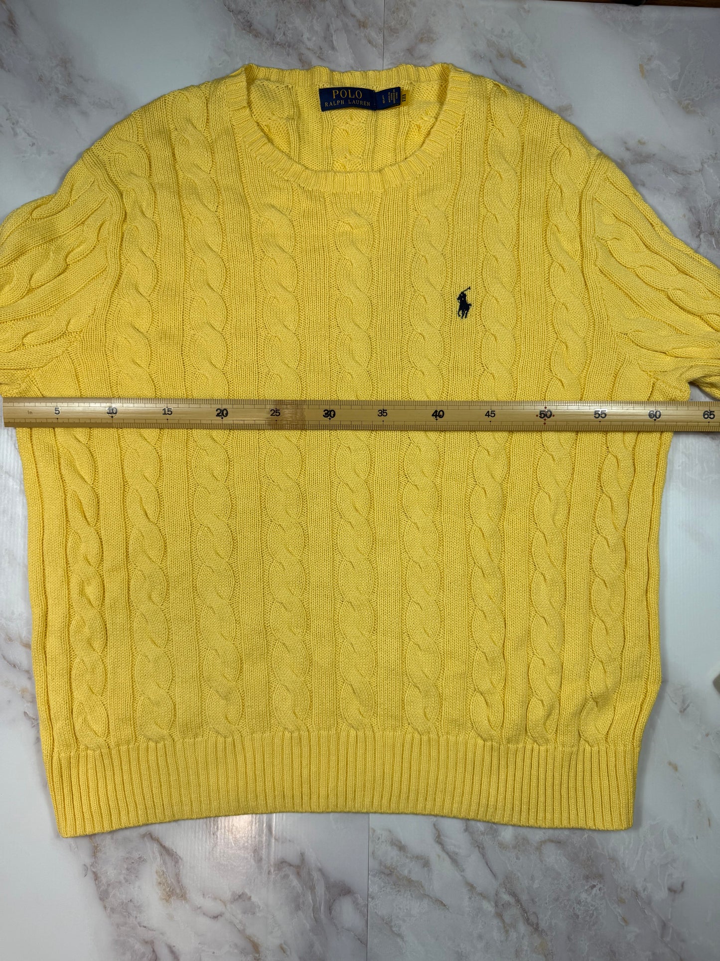 【POLO RALPH LAUREN】ケーブルニット セーター イエロー コットン100% メンズL 大人気ポロラルフローレン