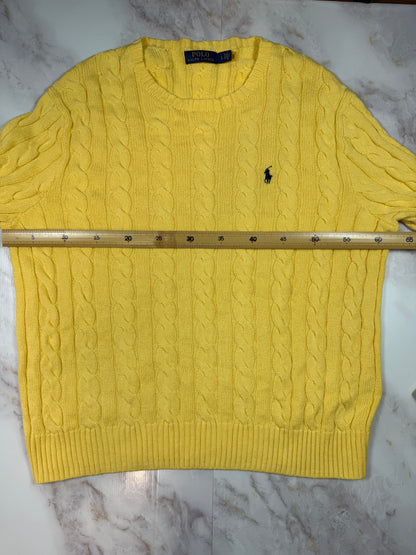 【POLO RALPH LAUREN】ケーブルニット セーター イエロー コットン100% メンズL 大人気ポロラルフローレン