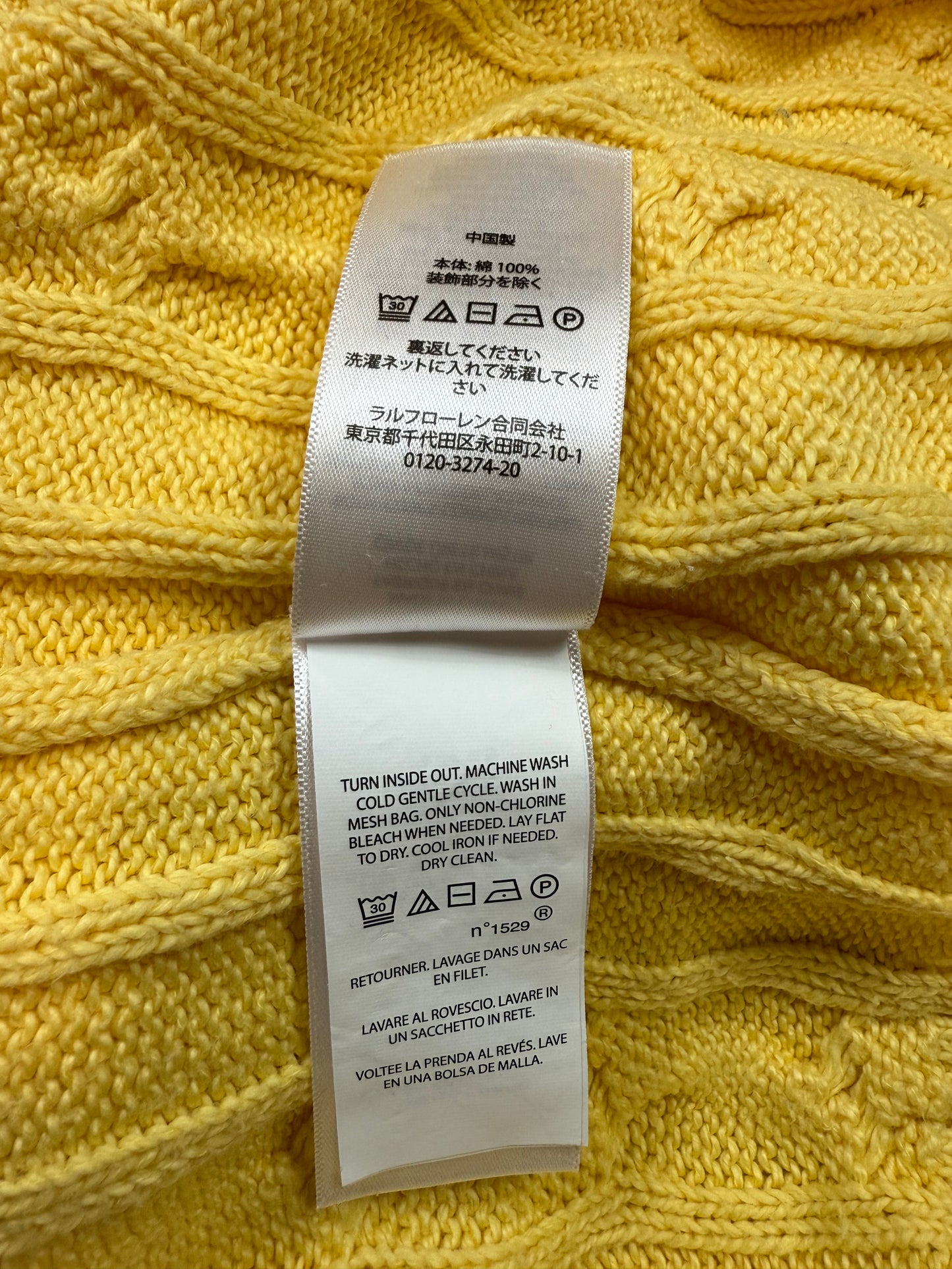【POLO RALPH LAUREN】ケーブルニット セーター イエロー コットン100% メンズL 大人気ポロラルフローレン