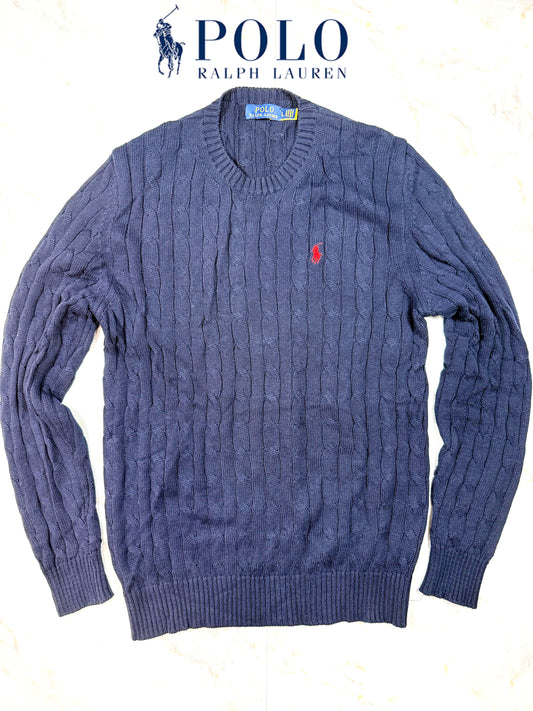 【POLO RALPH LAUREN】ケーブル編み コットンニット セーター ネイビー Lサイズ メンズ クルーネック
