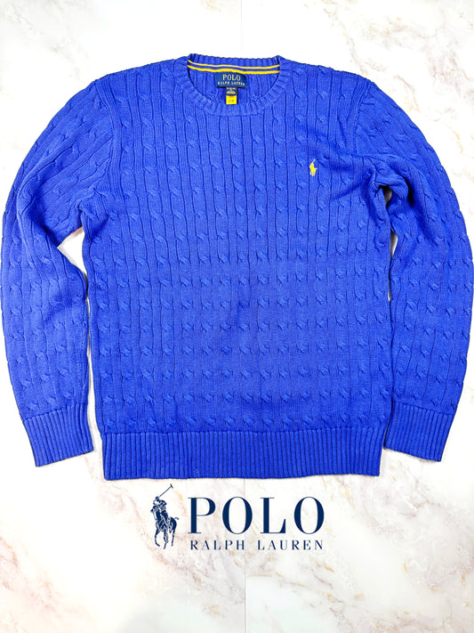 【POLO RALPH LAUREN】ケーブルニット セーター 青色 メンズLサイズ コットン100％ クラシックフィット クルーネック ニットトップス