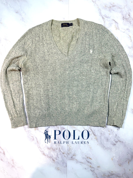 【POLO RALPH LAUREN】ケーブル編み Vネックセーター メンズ L グレー系 ウール×カシミヤ混 ラルフローレン ニット