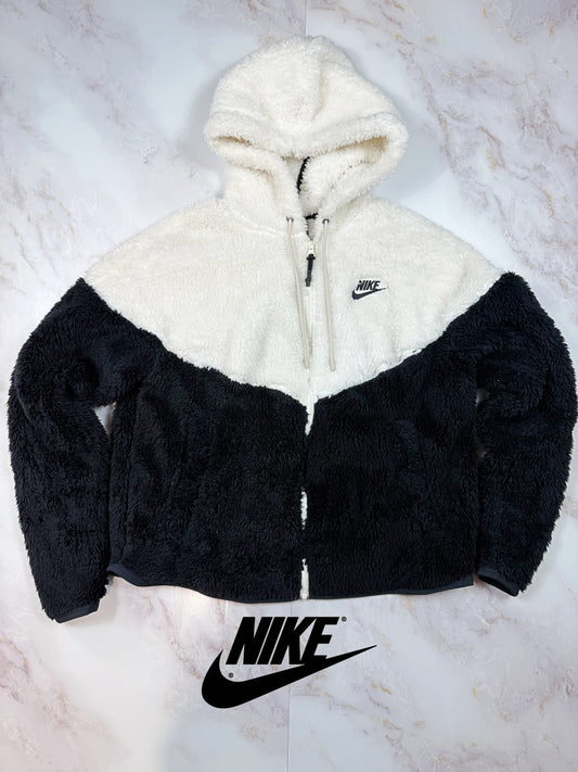 【NIKE】ボア フリース フルジップ パーカー フーディー XSサイズ ブラック×ホワイト 刺繍ロゴ