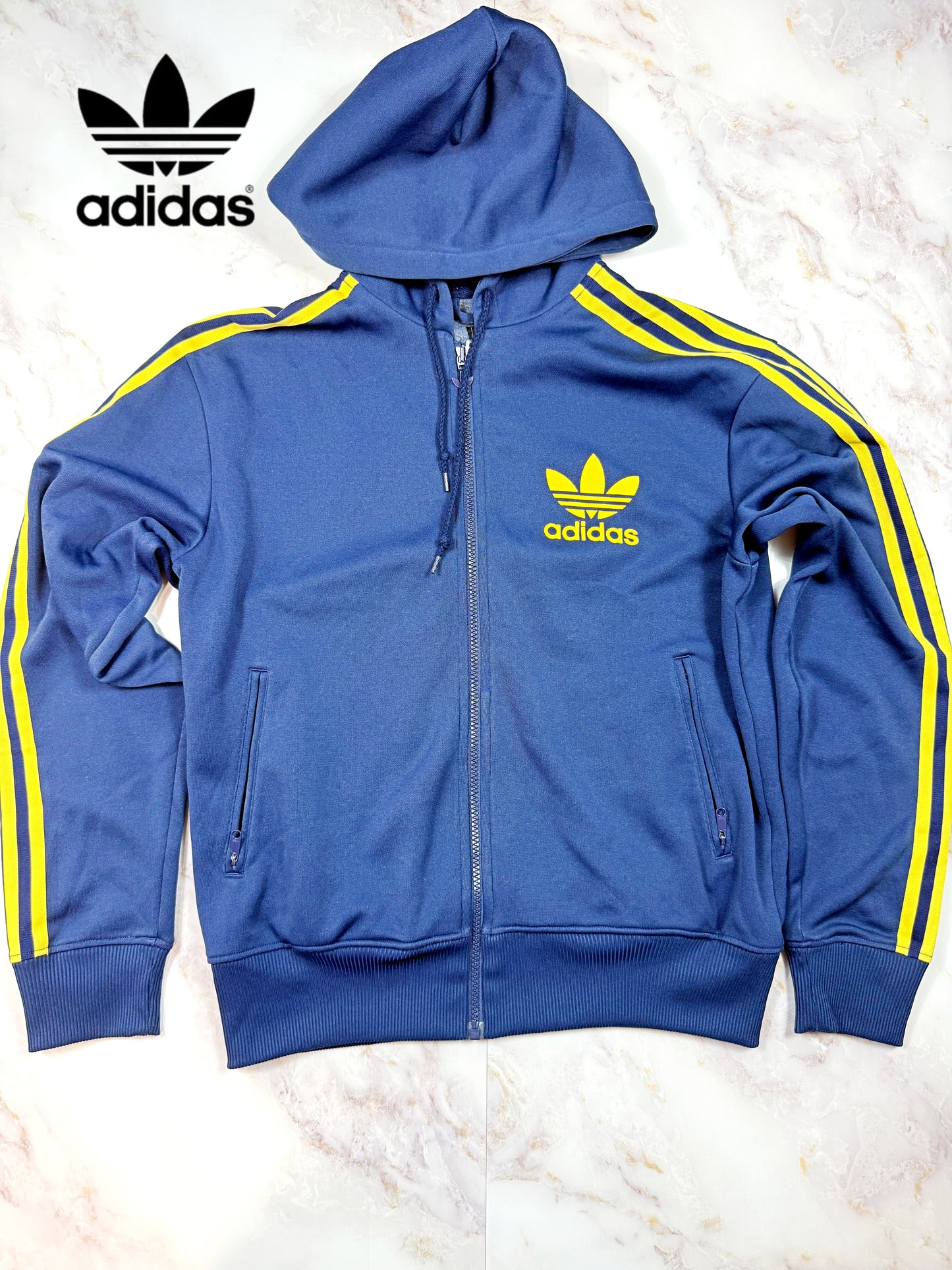adidas Originals アディダス オリジナルス ジャージパーカー ブルー × イエローライン フルジップ フーディー メンズ 105サイズ