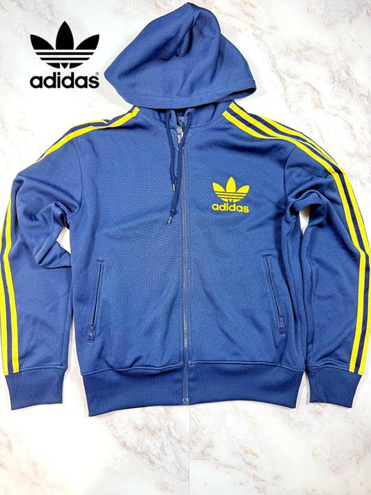 adidas Originals アディダス オリジナルス ジャージパーカー ブルー × イエローライン フルジップ フーディー メンズ 105サイズ