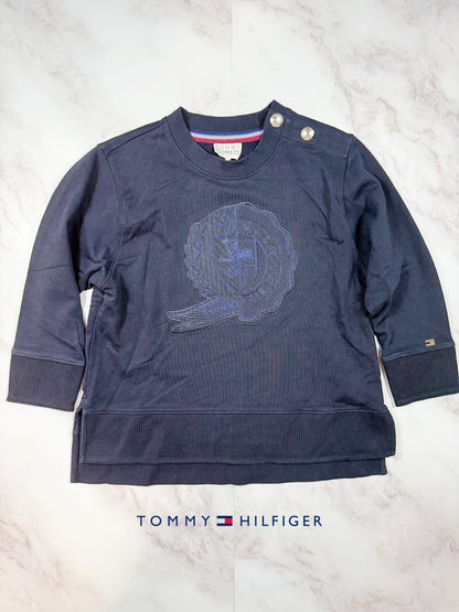 【TOMMY HILFIGER ICONS】ネイビー クルーネック スウェットシャツ 金ボタン装飾 コットン100% メンズ 長袖