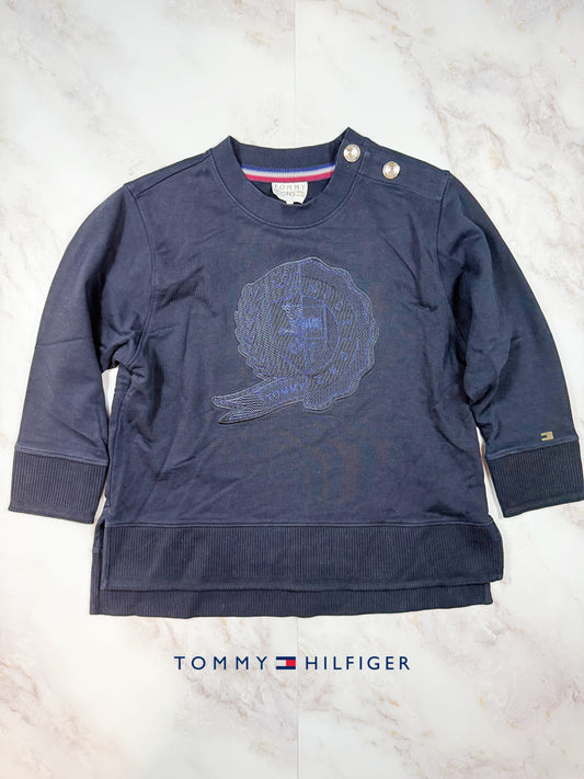 【TOMMY HILFIGER ICONS】ネイビー クルーネック スウェットシャツ 金ボタン装飾 コットン100% メンズ 長袖