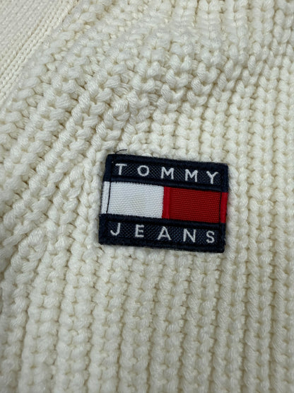 【TOMMY JEANS】ホワイト ニットカーディガン レディースSサイズ | トミージーンズ ロゴワッペン付き Vネック