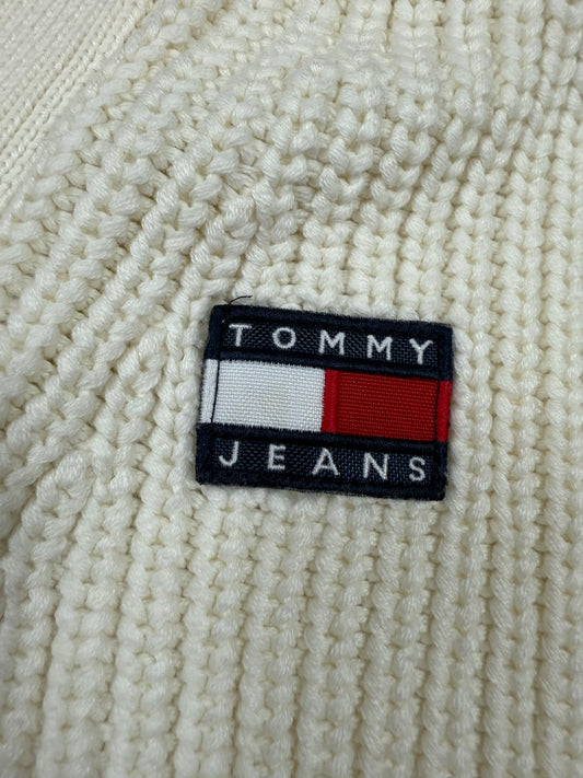 【TOMMY JEANS】ホワイト ニットカーディガン レディースSサイズ | トミージーンズ ロゴワッペン付き Vネック
