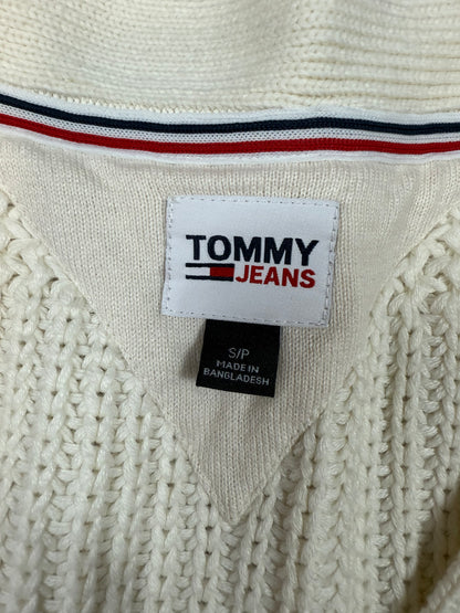 【TOMMY JEANS】ホワイト ニットカーディガン レディースSサイズ | トミージーンズ ロゴワッペン付き Vネック