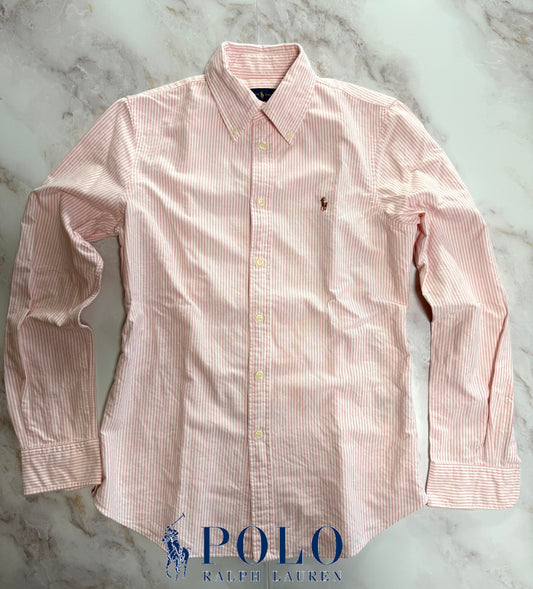 【POLO RALPH LAUREN】カスタムフィット 長袖シャツ ピンク×ホワイト ストライプ レディースMサイズ ボタンダウン コットン100%