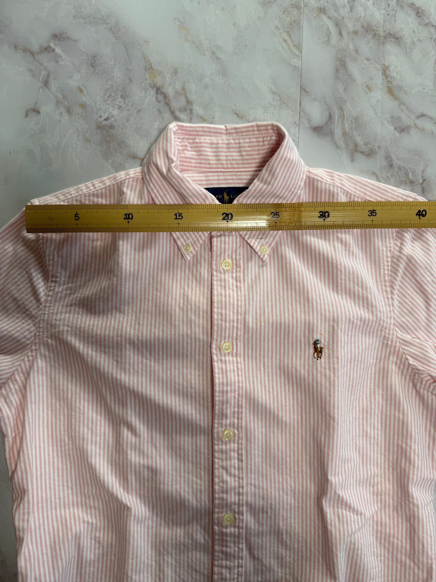 【POLO RALPH LAUREN】カスタムフィット 長袖シャツ ピンク×ホワイト ストライプ レディースMサイズ ボタンダウン コットン100%