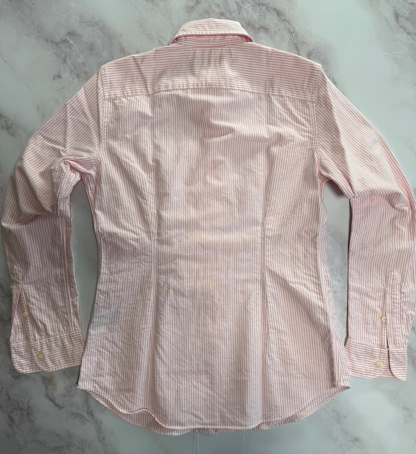 【POLO RALPH LAUREN】カスタムフィット 長袖シャツ ピンク×ホワイト ストライプ レディースMサイズ ボタンダウン コットン100%