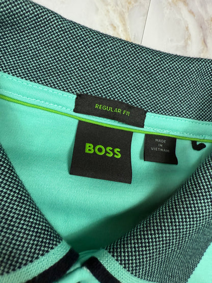 【HUGO BOSS】ポロシャツ メンズ Lサイズ ミントグリーン × ダークグレー襟切替 レギュラーフィット | ヒューゴボス 半袖トップス