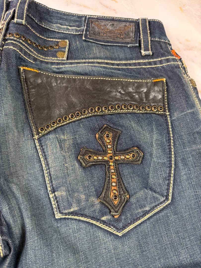 Robin's Jean ロビンズジーン USA製 クロスレザーパッチ スタッズデニムパンツ W33 メンズ インディゴ